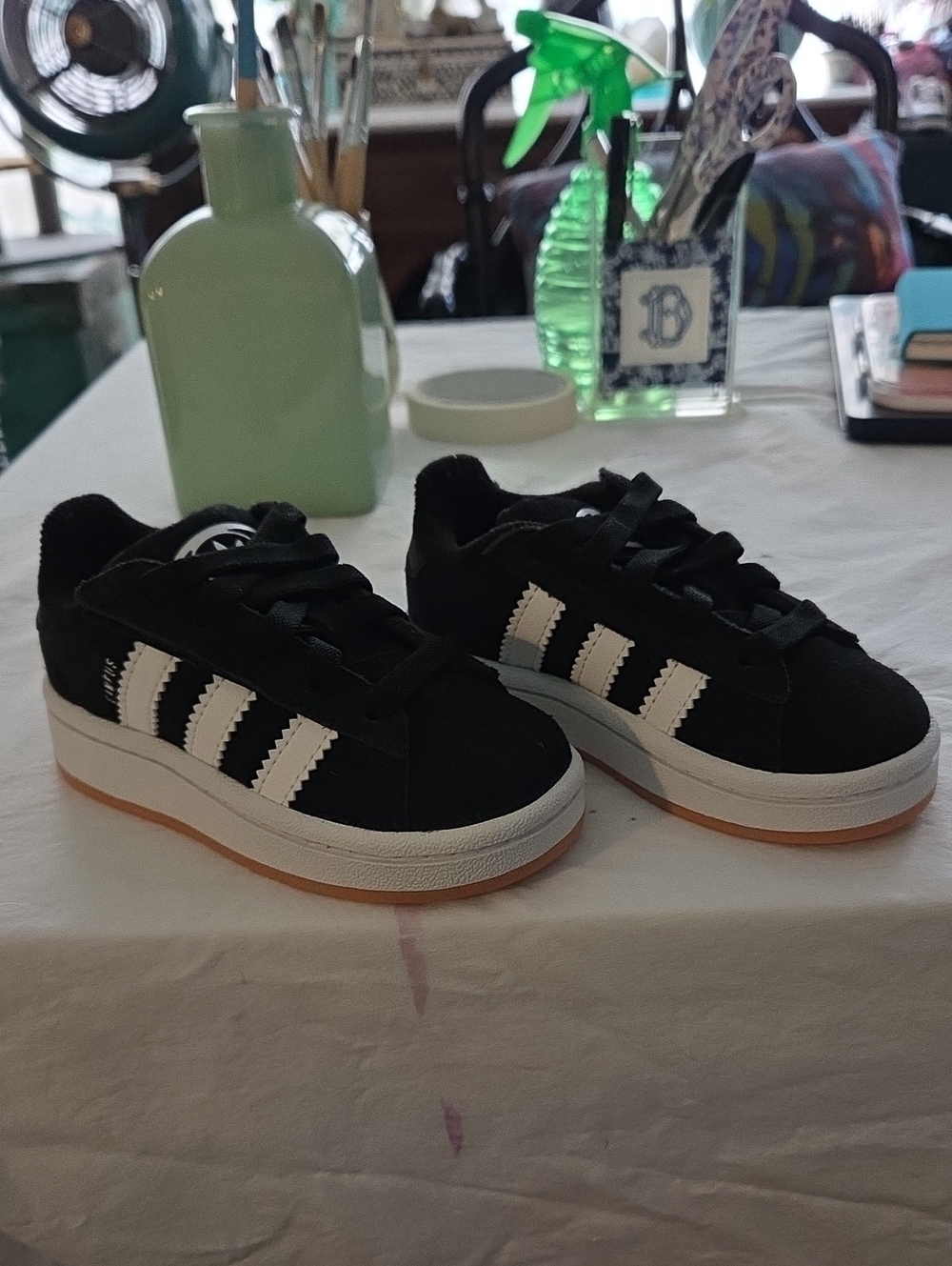 Adidas Kids Black Suede Campus Sneakers with White Stripes, Velcro Closure